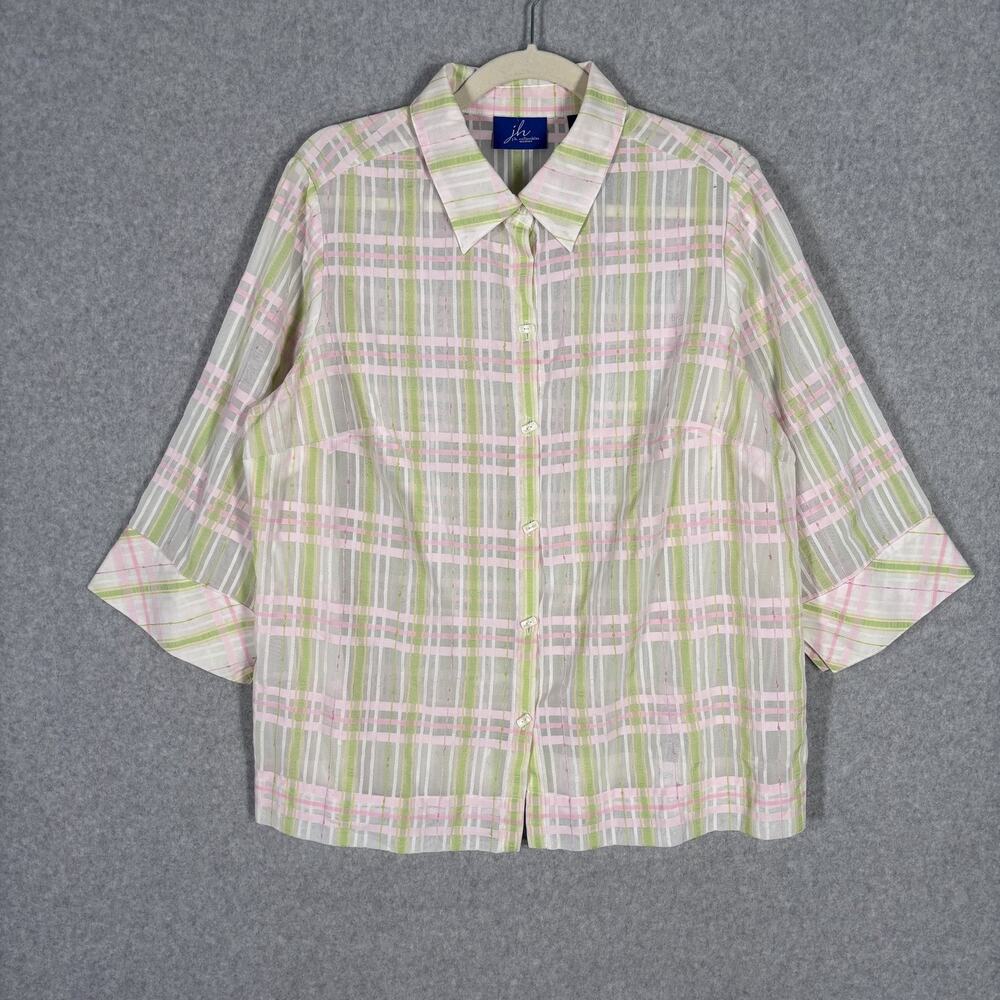 JH Collectibles Madras‎ Plaid Shirt 1X Pink Green Pastel Sheer Textured Grandma